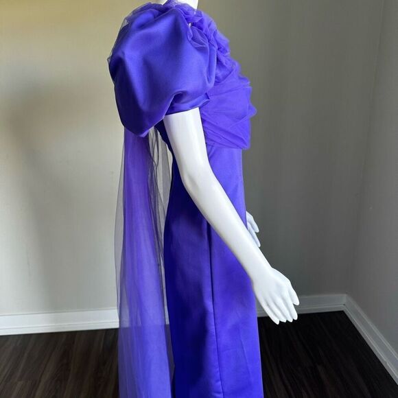 Vintage 90’s Satin Puff Sleeve Toile Purple Evening Gown With Back Slit - Picture 5 of 7
